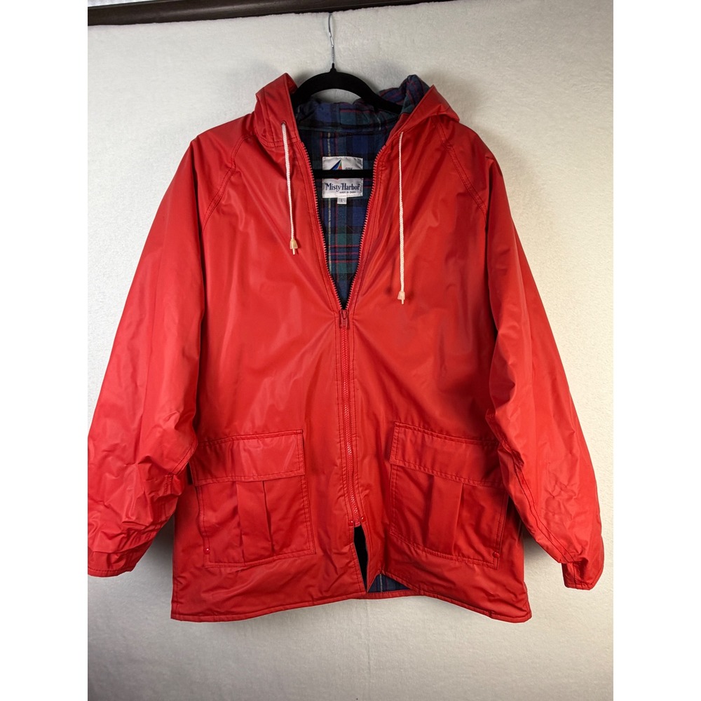 Vintage Misty Harbor Red Rain Slicker Plaid Lined Hooded Jacket Size L Coastal
